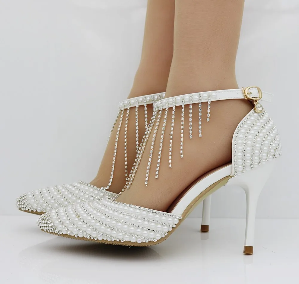 Новейшая модель Модные женские свадебные туфли на высоком каблуке с жемчугом и