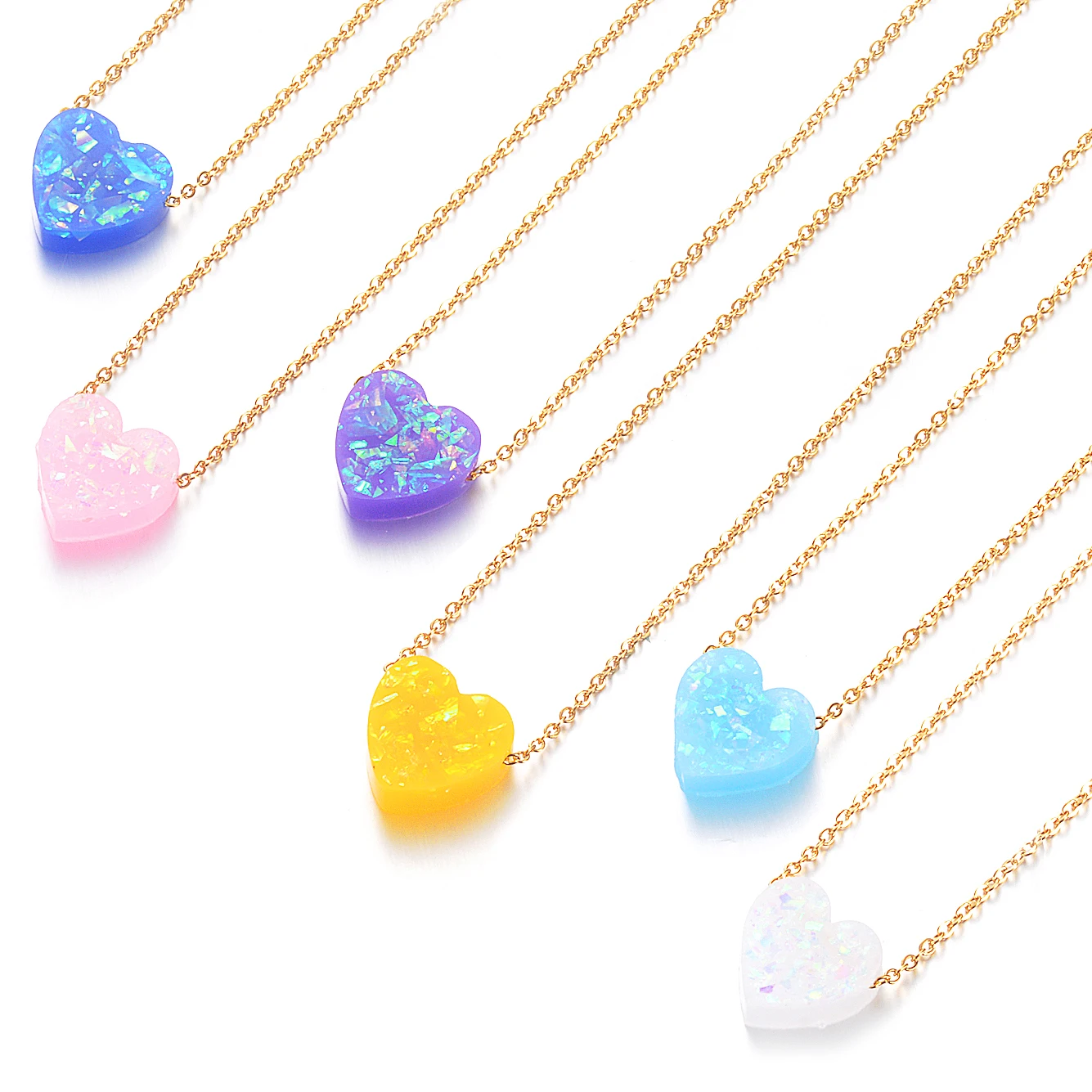 

6 Colors 12mm Heart Shape Opal Stone Pendant Necklace 316L Stainless Steel Gold Color Chain Collar Jewelry Girlfriend Gifts