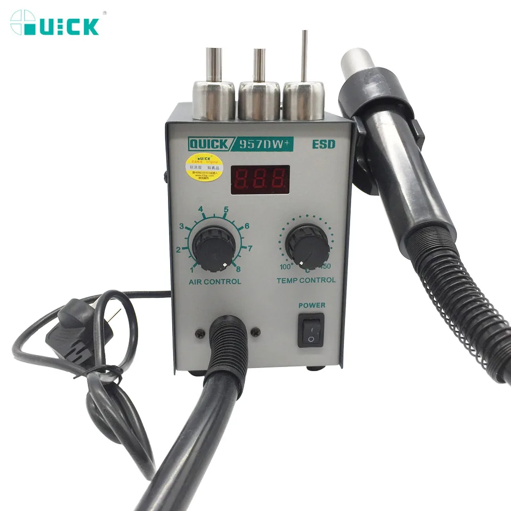 

Newest QUICK 957DW+ LED Display Adjustable Hot Air Heat Gun With Helical Wind 400W SMD rework station With 3 Air Nozzles 220V