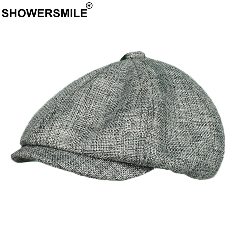 SHOWERSMILE мужские Восьмиугольные шляпы из хлопка и льна, летняя кепка Newsboy, Мужская черная однотонная винтажная дышащая брендовая Кепка и Кепка