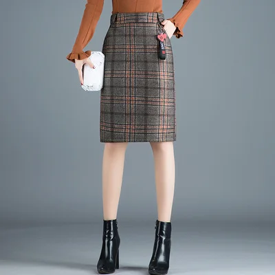 orange big plaid Женская шерстяная юбка миди средней длины, новинка, корейская мода, серый, оранжевый цвет, высокая талия, шерстяные юбки для женщин, faldas, разрез сзади - Цвет: orange big plaid