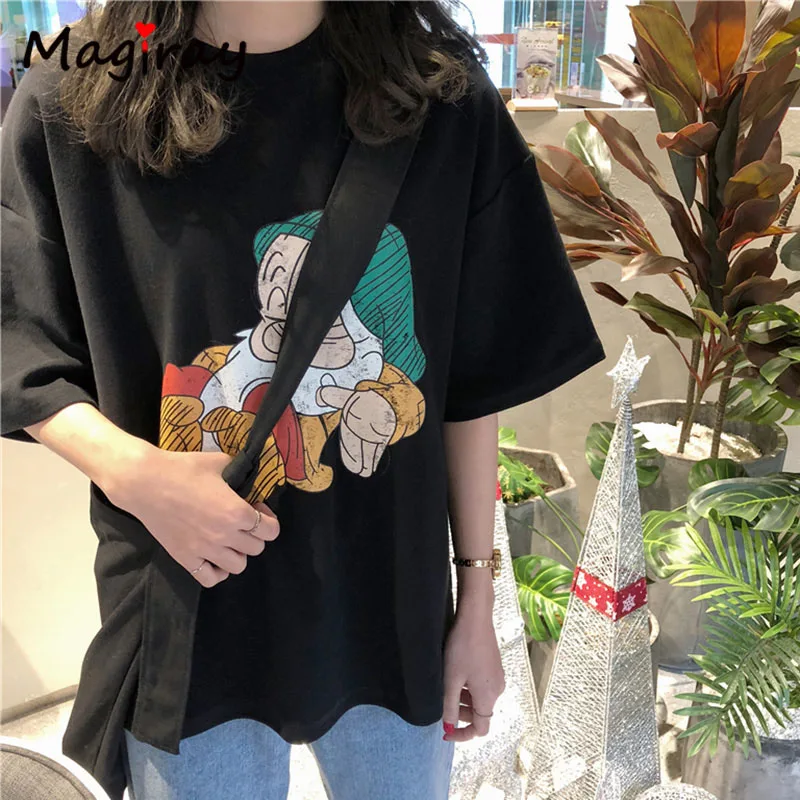 black Magiray Kawaii, мультяшная Футболка с принтом гнома, Женская Корейская забавная мешковатая футболка, больше размера d, женский топ размера плюс, футболка, уличная футболка 08 - Цвет: black