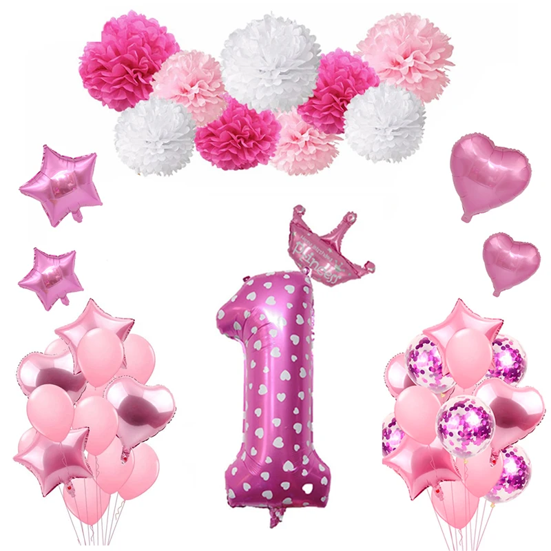 

1st Pink Gold Balloons Birthday Party Decorations Kids Girl First Birthday Banner One Year Old Baby Shower Girl Party Supplies