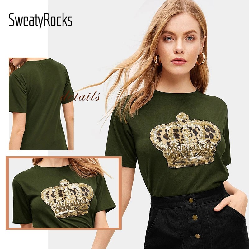 SweatyRocks контрастная Футболка с блестками и леопардовым принтом армейская зеленая уличная одежда майки в стиле преппи Летние повседневные женские стильные футболки