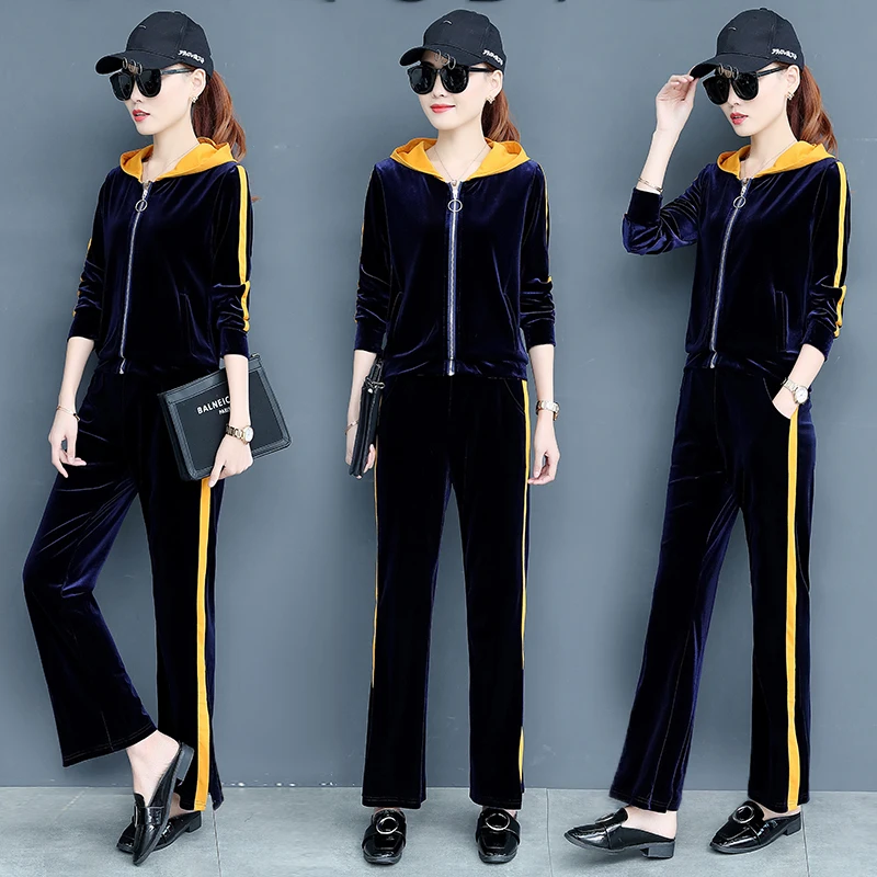 Повседневные золотые бархатные широкие брюки костюм женский 2019 Весна Новый с