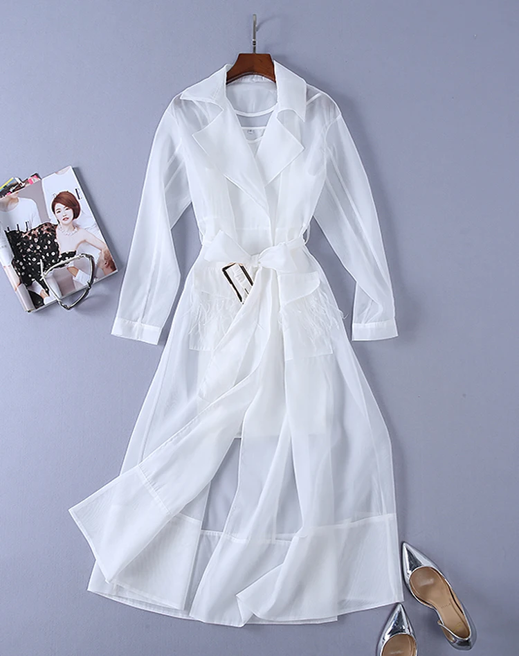 

2020 Summer Runway Fashion Long Sleeve Ostrich Feathers Pocket Thin Trench and Spaghetti Strap Dress Twinset Dress
