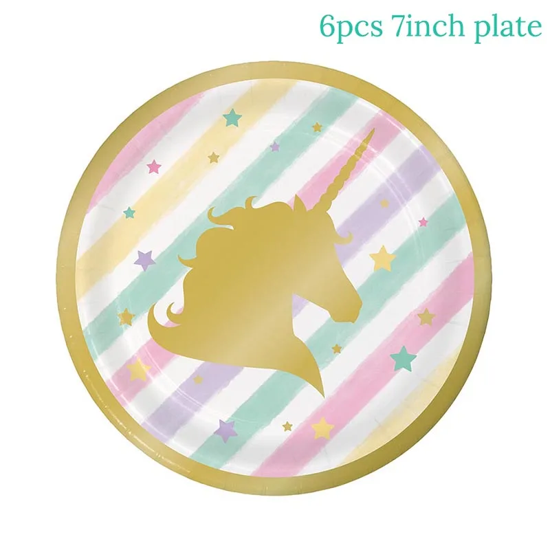 6pcs 7inch Plates На день рождения с изображением единорога декоративный комплект Единорог пластины салфетки для стаканчиков покрытие стола Беби Шауэр детский украшение на день рождения, вечеринку поставки - Цвет: 6pcs 7inch Plates