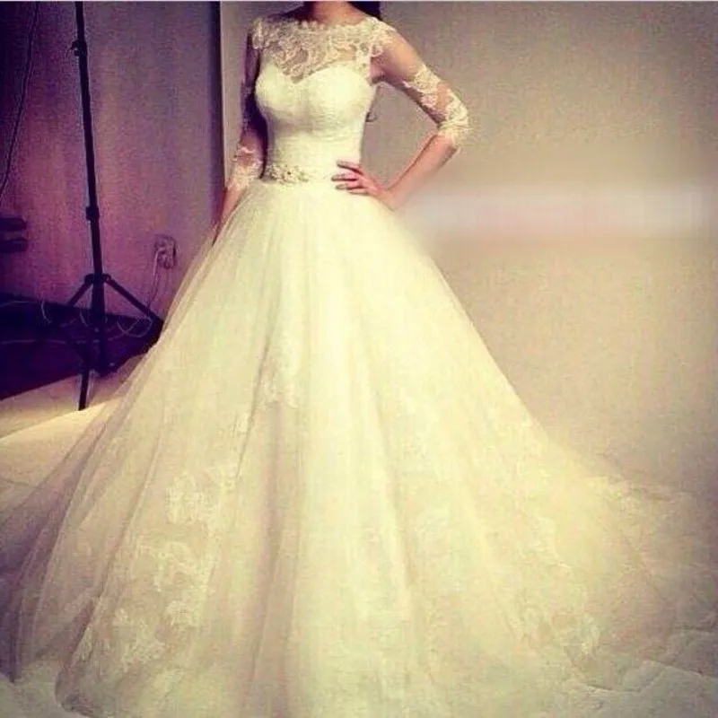 Vestido De Noiva Princesa три четверти рукав кружевная Апликация пояса с кристаллами