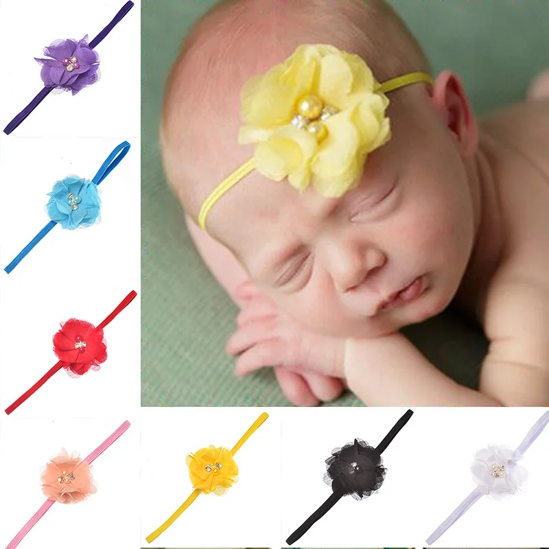 

Baby Girl Elastic Flower pearl diamond Headband Rubber Children Baby Nice Hair Rubber Headwear Skinny Stretchy Flower Hair Band