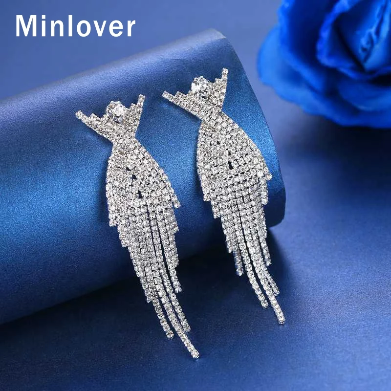 Minlover серебряный цвет большой кисточкой кулон серьги для невесты для женщин горный хрусталь Эффектные серьги с подвесами ювелирные изделия MEH1175