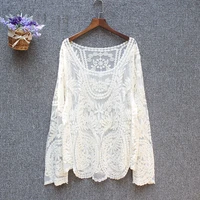 plus size tops ladies spring summer sexy transparent beach cover up hollow out crochet lace shirt women long sleeve lace blouses