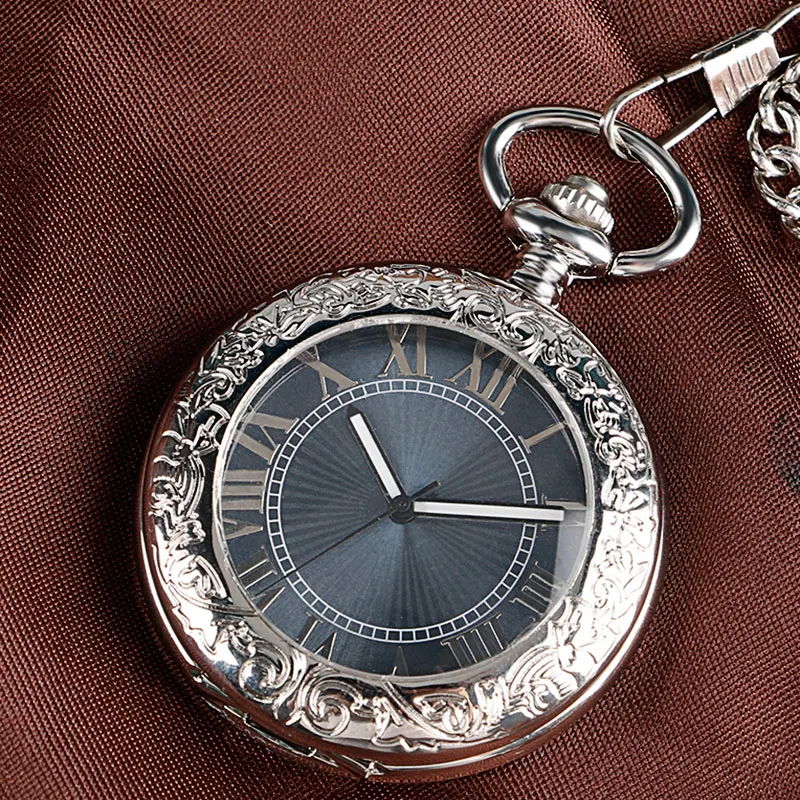 Fashion Silver Glass Case Black Roman Number Dial Self-wind Mechanical Fob Pocket Watches with Chain relojes de bolsillo