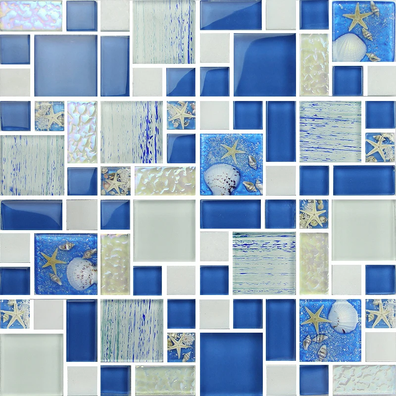 

blue color crystal glass mixed sea shell mosaic for kitchen backsplash tile bathroom shower hallway wall mosaic free shipping
