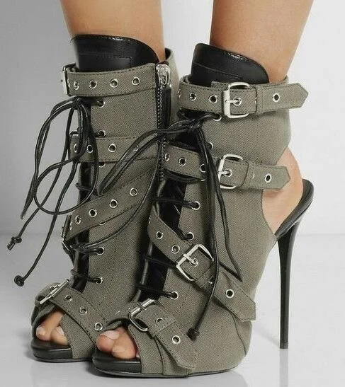 Женские ботильоны на высоком каблуке ботинки с открытым носком и пряжкой