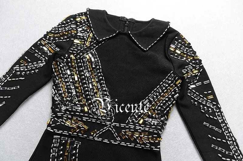 Бандажное платье с бусинами и алмазным дизайном длинными рукавами отложным