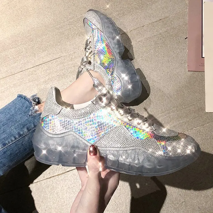 2019 New Women's Full Diamond Rhinestones Jelly Shoes Thick-soled Ins Lace Old Sneakers Plafform Girl | Обувь