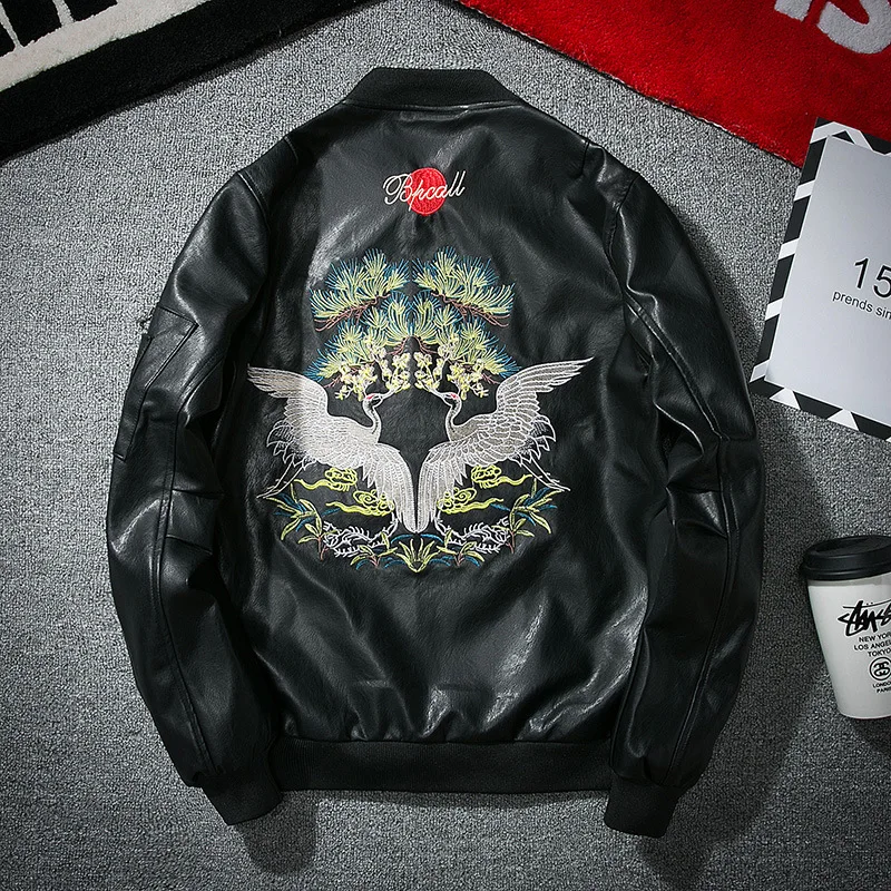 MANVALUE European and American High Street Tide Crane Embroidery Men's Autumn Air Force Pilot Suits PU Leather Jackets - Цвет: Черный