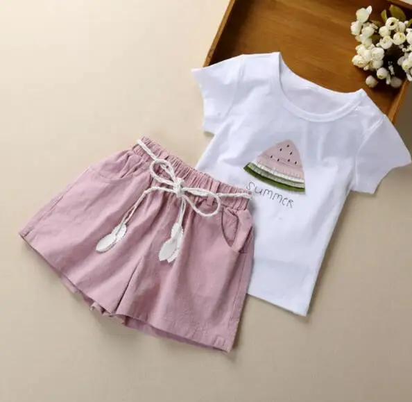 tee pink shorts От 2 до 13 лет комплект одежды из 2 предметов, Детская летняя одежда для девочек с рисунком арбуза, футболка с цветочным рисунком+ сетчатая юбка с бантом - Цвет: tee pink shorts