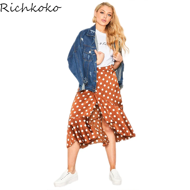 Richkoko 2018 Новое поступление Повседневное Dot печати Асимметричный оборками