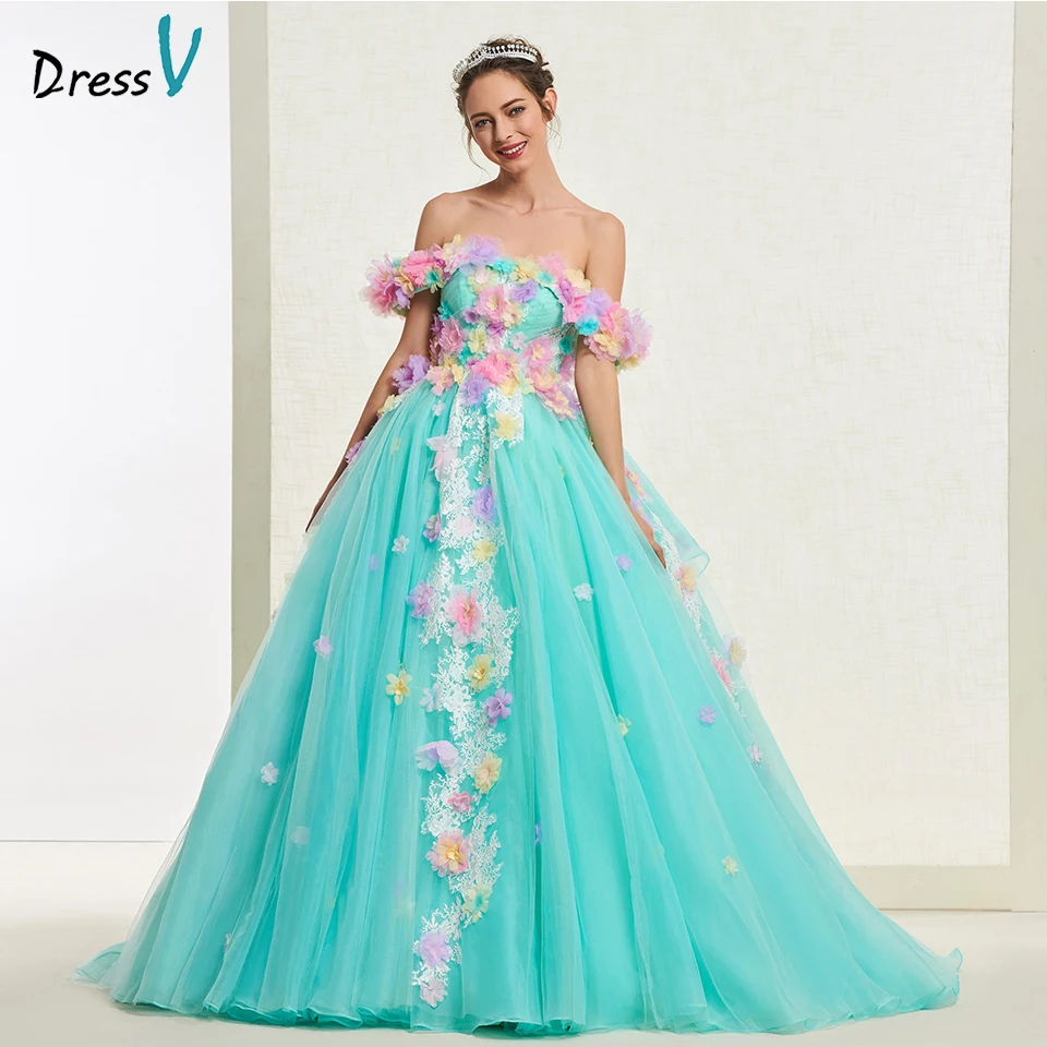 Платье голубого зеленое с аппликацией открытыми плечами Quinceanera платье принцессы