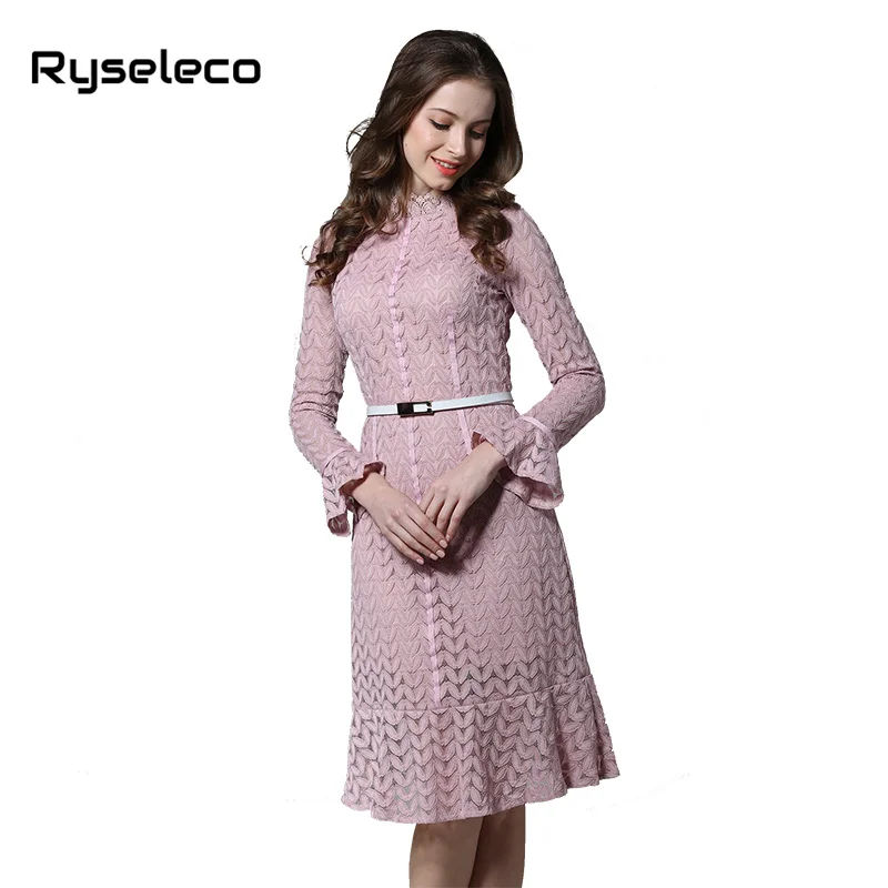 

New 2018 Autumn Midi Vestido Fall Hollow Out Black Party Lace Dress Quality Women Sexy Slim Elegant Ruffles Flare Casual Mermaid