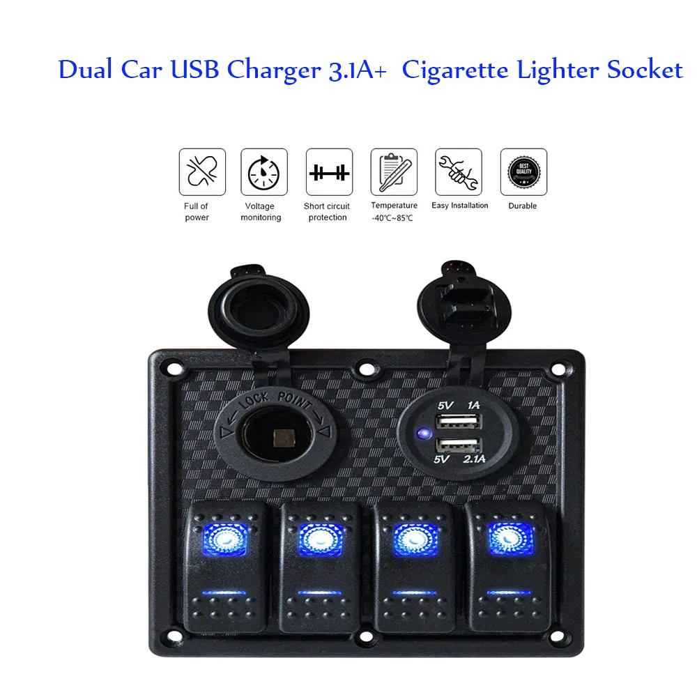 4 Gang цепи синий светодиод кулисный переключатель Панель 12 24V Dual USB Порты и разъёмы