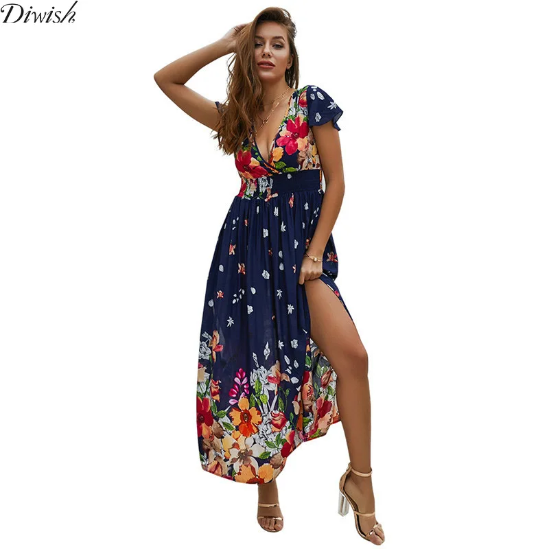 Женское длинное платье с цветочным принтом Diwish пляжное из хлопка глубоким