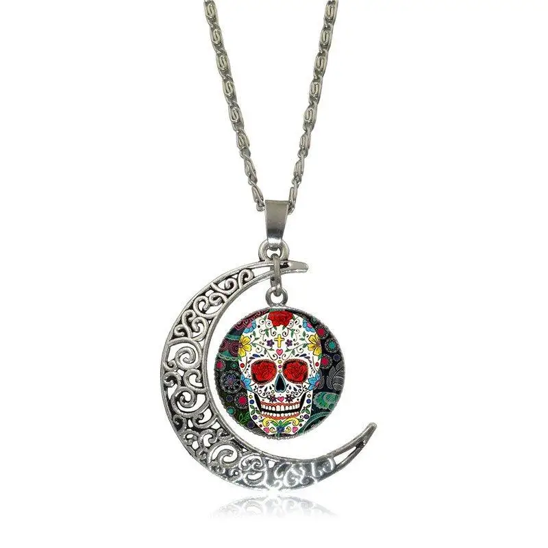 EJ Glaze Glass Cabochon Choker Moon Pendant Necklace Silver Color Jewelry For Women Girl Gift Mexican Sugar Skull | Украшения и