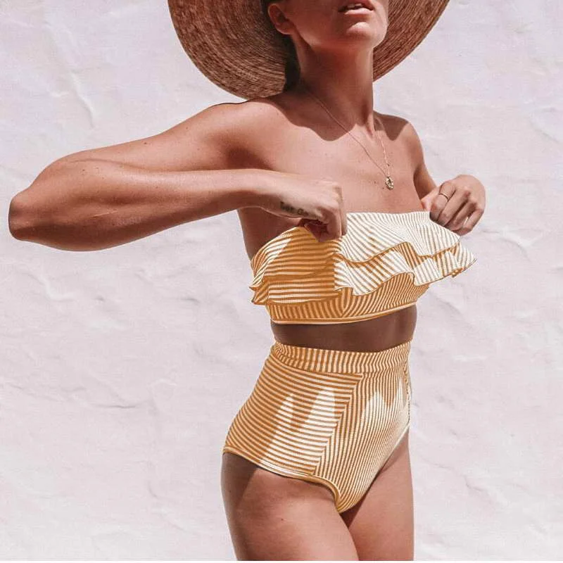 2019 High Quality Ruffles Waist Stripe Print Tube Top Swimwear Sexy Bikini Women |