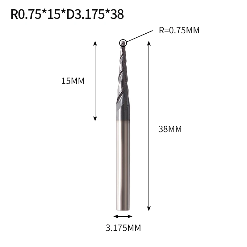 R0.75X15XD3.175X38L Augusttools коническая Концевая фреза HRC 55 Вольфрамовая твердосплавная фреза 3,175 мм 4 мм 6 мм с шариковым носом коническая концевая фреза для дерева и металла - Длина режущей кромки: R0.75X15XD3.175X38L