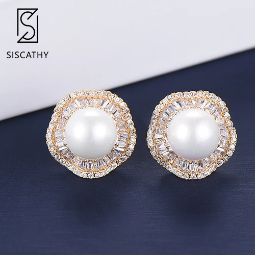 Gold SISCATHY Мода, корейское платье с цветочным рисунком Форма Имитация жемчужные серьги, ювелирные изделия кубический циркониевая инкрустация, серьги со шпилькой, для Для женщин и девочек - Окраска металла: Gold