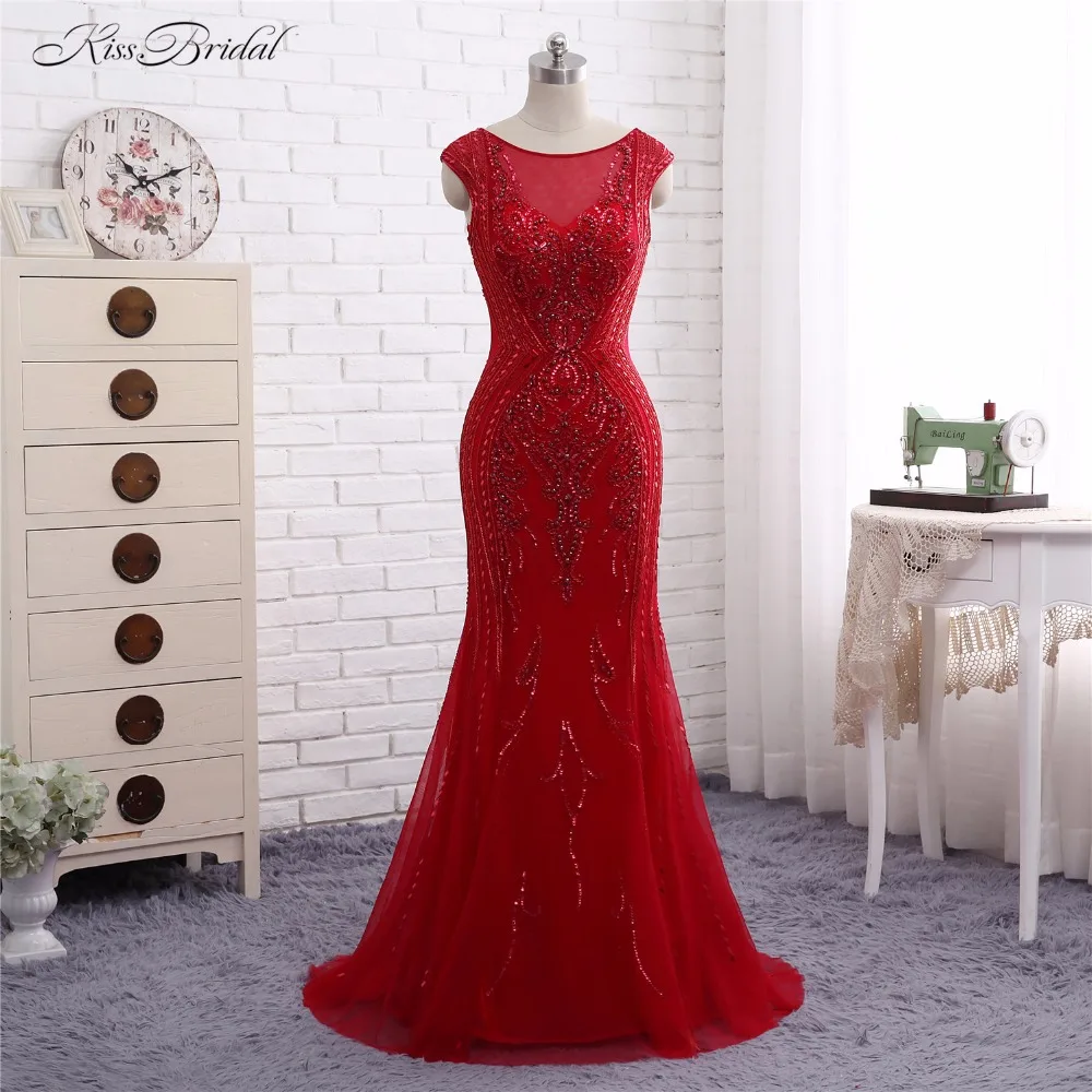 

Red Backless Formal Evening Dresses Abendkleider Robe de Soiree 2017 Mermaid Scalloped Short Cap Sleeve Party Prom Gown