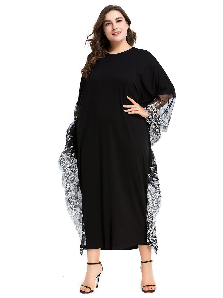 Черная женская мусульманская одежда Abayas вышивка рукав летучая мышь длинное