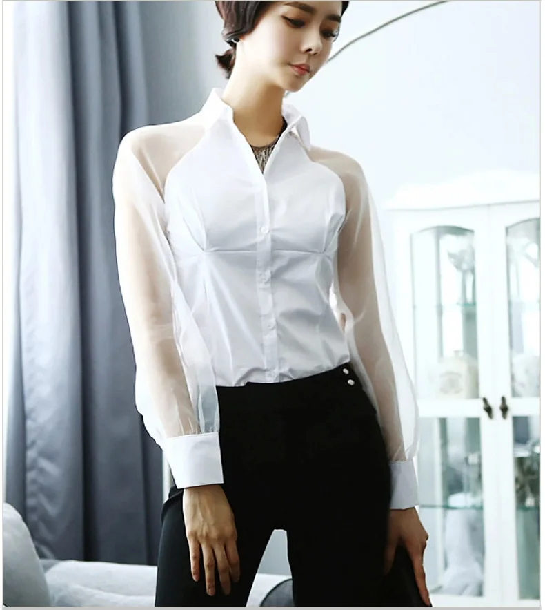 

2017 Spring/Summer Elegant White Shirt, OL Women Sexy Semi-transparent Long Sleeve White Blouse