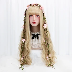 Парик блонд с челкой, длинные волнистые синтетические волосы, парики для вечерние, косплея, парики Лолиты для чернокожихбелых женщин, термостойкие
