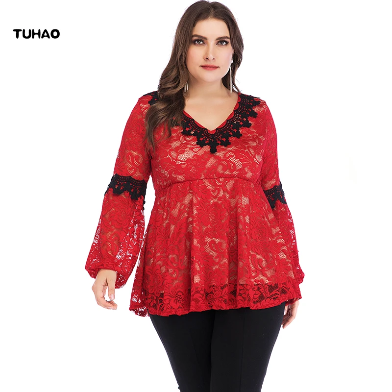 TUHAO Lantern Sleeve Red Lace Women Blouse Plus Size WOMENS Office Lady Elegant Female Large Sexy Party Shirts Tops | Женская одежда