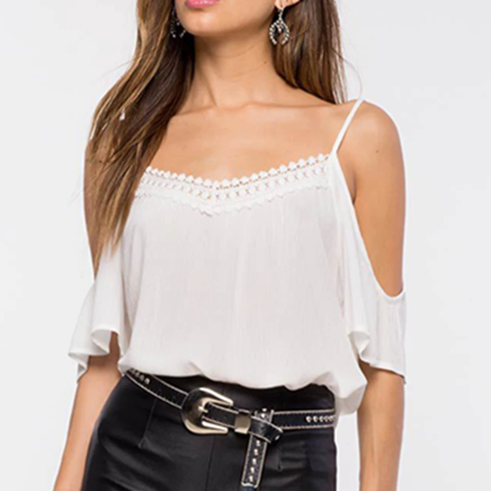 

Sexy Chiffon Blouses Summer loose Womens Tops and Blouses Solid Lace Off Shoulder Clothing Causal White Blouse Plus Size Camisas