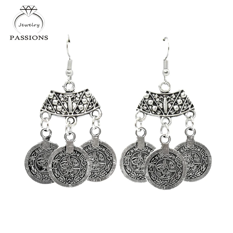 

Hot Sale Bohemian Ethnic Drop Earrings Maxi Brincos Lovely Coin Tassel Retro Antique Silver Color Earings Women Jewelry Gift