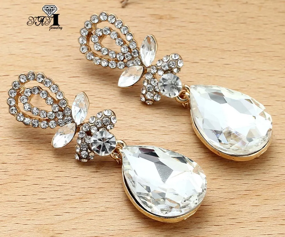 

Ювелирные изделия YaYi новые белые стеклянные стразы серьги в виде капель с кристаллами Женская мода древнее золото Цвет драгоценный камень, ...