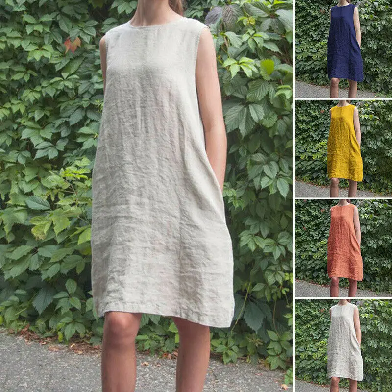 

Womens Shirt Dress Knee Length V-neck Sleeveless Casual Loose Summer Sundress