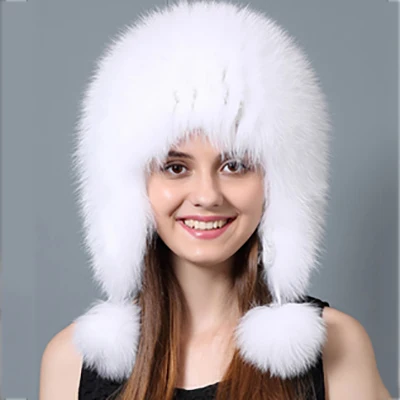 Женская зимняя шапка с наушниками, настоящая шапка из меха лисы, теплая шапка из натурального меха s с ушанками, женская шапка из меха енота, Русская Шапка-бомбер, ушанка - Цвет: white