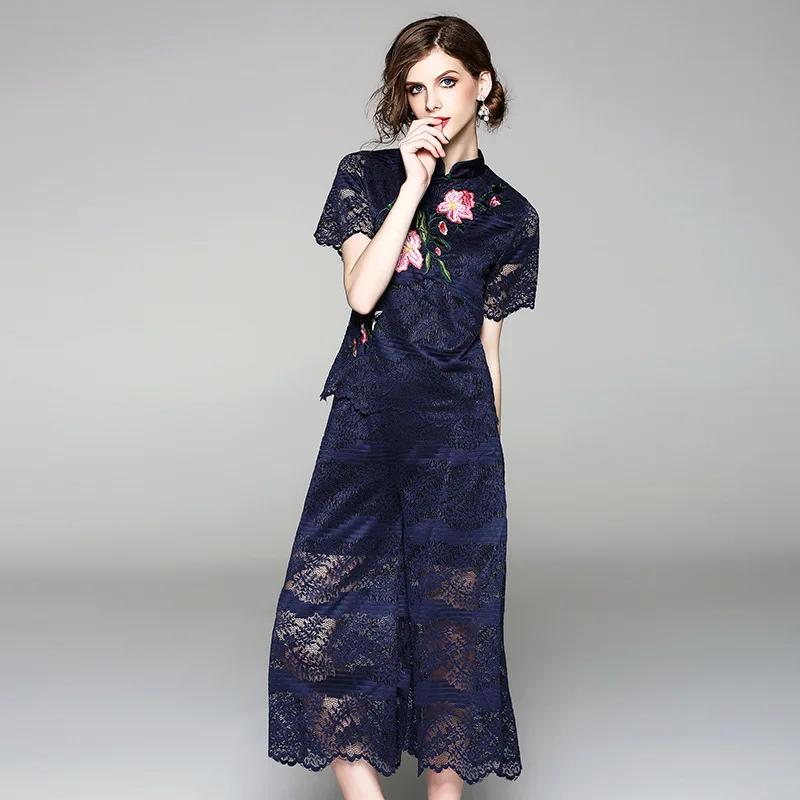 

2018 Summer Women 2 Piece Set Embroidered Pants Suit Fashion Casaul Lace Short Sleeve Crop Top and Loose Wide Leg Pants Suit