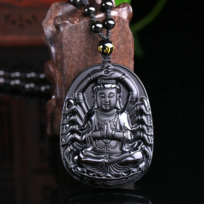 Натуральный камень кварц кристалл черный обсидиан ручной работы Avalokitesvara бусы