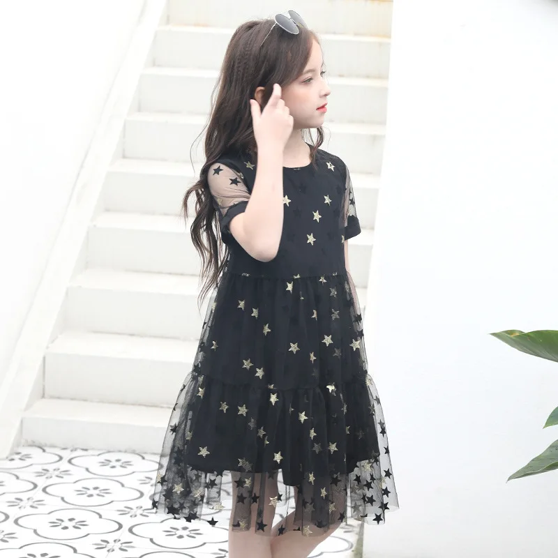 Summer Dress 2019 New Children's Princess Black Short-sleeved Cotton+Mesh Star Teenage Girl Clothing 10 12 14 Years | Детская одежда
