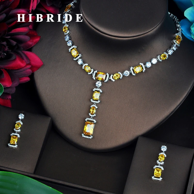 HIBRIDE Briliant жёлтый AAA CZ Ювелирные наборы для женщин роскошное ожерелье комплект
