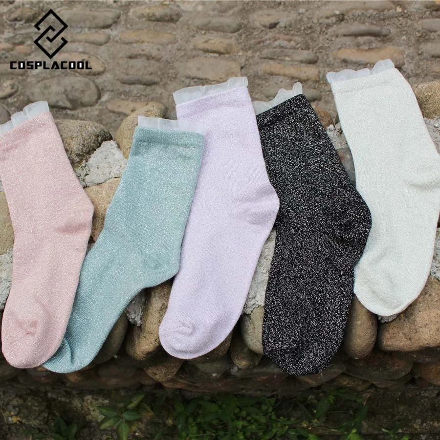 Женские кружевные носки [COSPLACOOL] забавные винтажные с блестками серебристыми