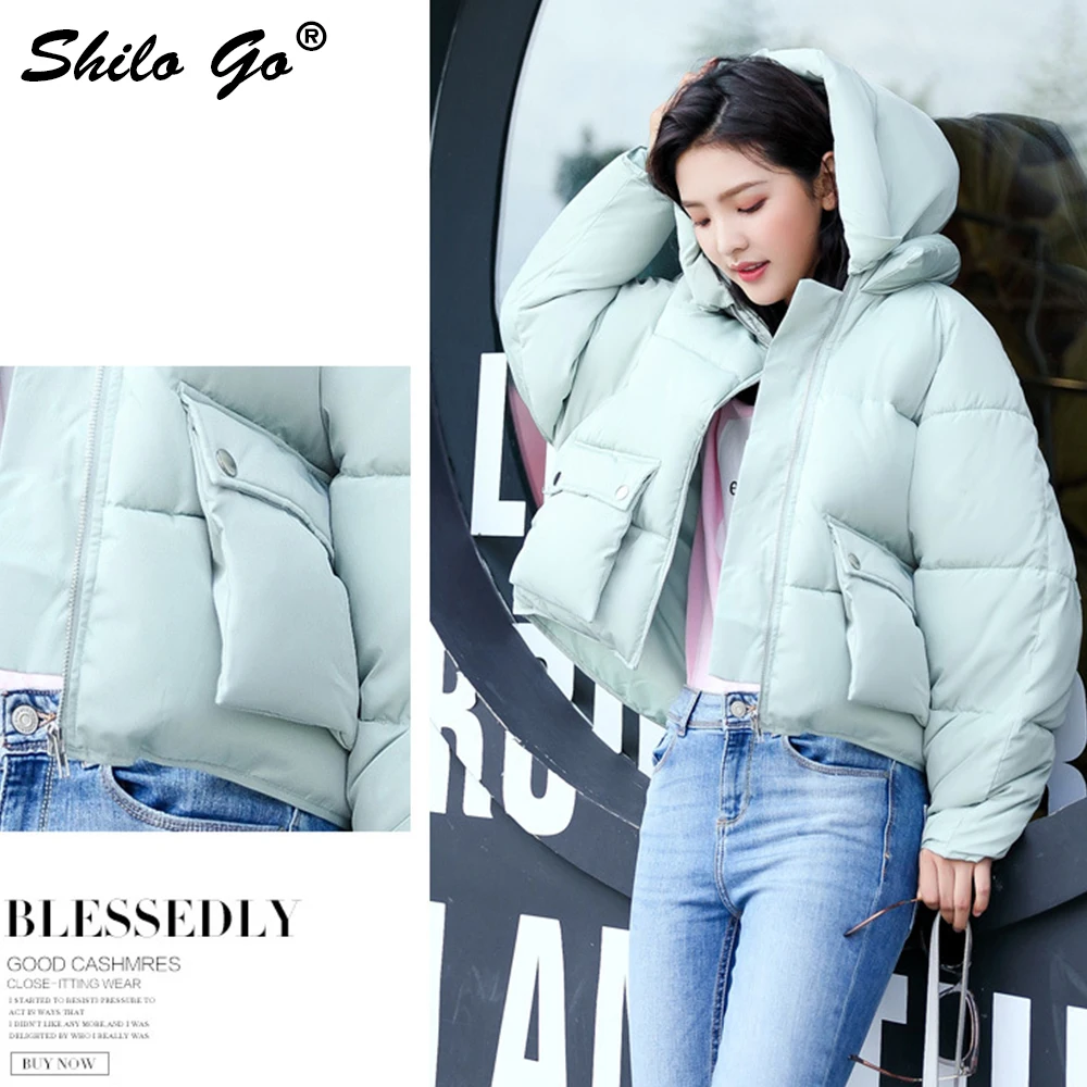 

SHILO GO Korea Hooded Collar women Casual Bakery jacket parkas Winter side big pocket batwing sleeve coat thicken bomber outwear
