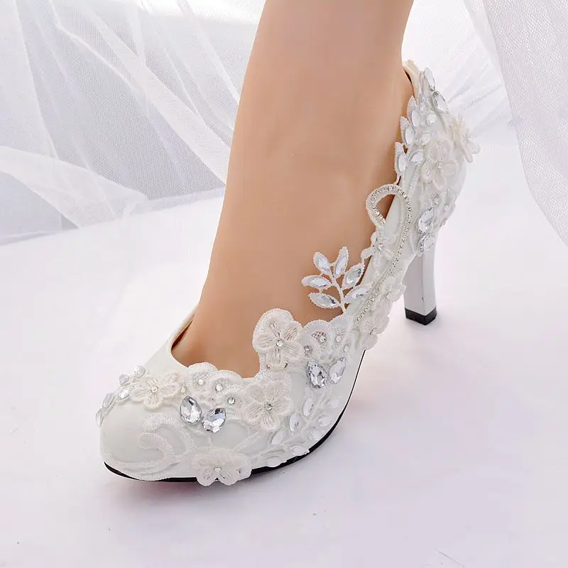 Crystal lace wedding shoes bride white ladies party romantic platforms high heel pumps shoes woman female proms lace pump HS385