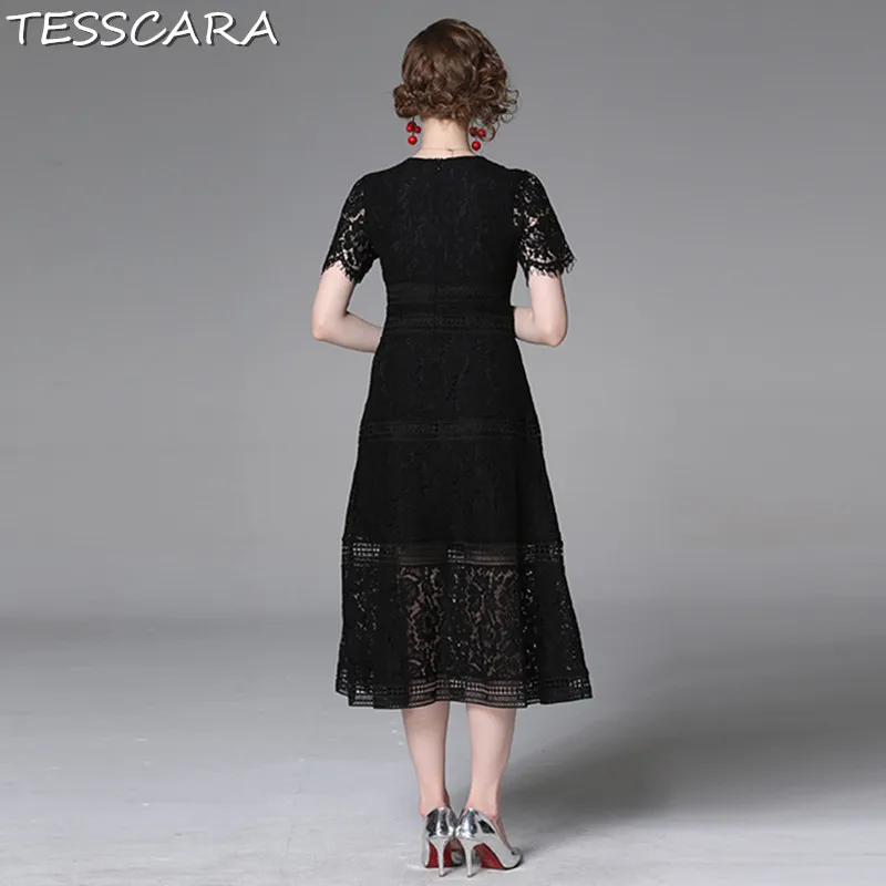 TESSCARA для женщин летние элегантные черные кружево платье Festa женские офисные женская одежда для вечеринки Винтаж Дизайнер Высокое качество длинное