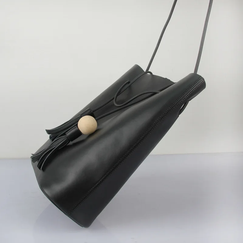 100% натуральная кожа женская сумка ведро с кисточками черная винтажная воловья